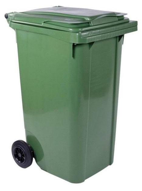 Green plastic wheelie bin